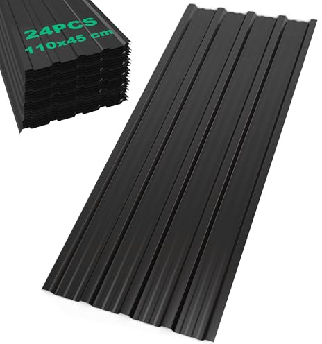 SROCHN 24PCS Trapezblech Dachplatten 115x45CM, Schwarz Verzinkter Stahl 0,25mm Profilblech für Dächer Carports Geräteschuppen Wandverkleidungen