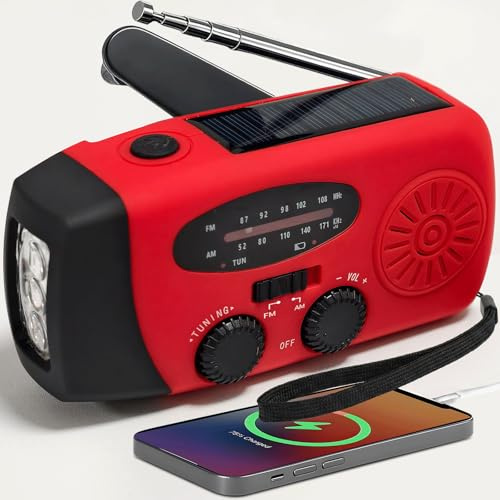 Radio Portátil, FM/Am Radio Emergencia con Solar Recargable Radios de Dinamo con Manivela con Linterna LED y Luz de Lectura 2000mAh Powerbank SOS USB de Camping al Aire Libre Kit Supervivencia, RD4