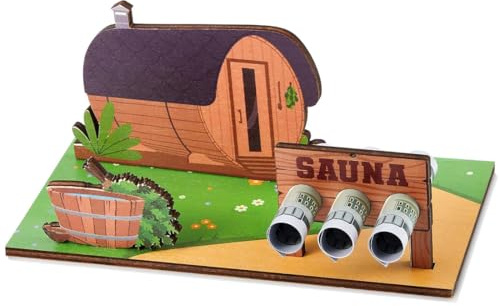 JIRVEX Wellness Gutschein Verpackung Sauna Geldgeschenk 1 Stück 3D Holz Fasssauna Geschenkverpackung für Wellness Gutschein Geburtstag Hochzeit Vatertag Valentinstag