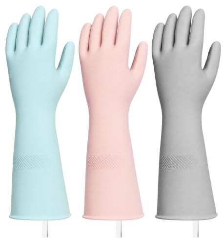 VINATO 3 Pares de Guantes de Cocina Colgables,Guantes Limpieza Hogar Antideslizantes, Guantes Largos Impermeables de Goma Látex, Reutilizables para Fregar Platos, Lavar – Talla M