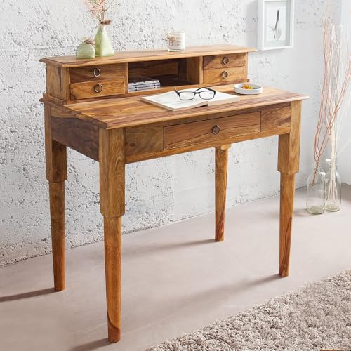 cagü Sekretär & Schreibtisch SATNA mit 5 Schubladen Sheesham massiv Holz 90cm
