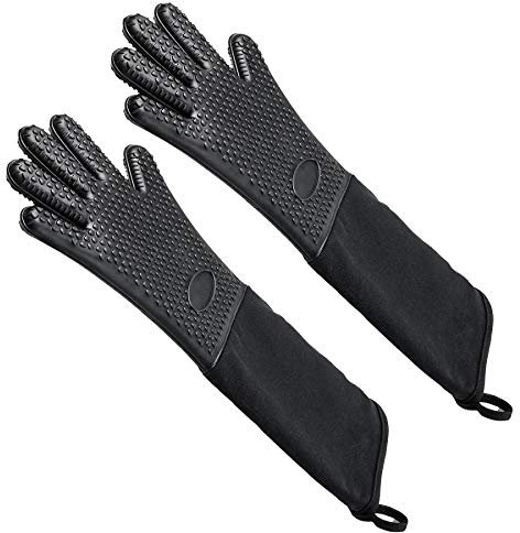 Extra Long Silicone Oven Gloves Heat Resistant, Non-Slip Cotton Quilted Oven Mitts, Oven Mitts For Grilling,Cooking, Baking - Black Long Oven Gloves (Black, Extra overlength)