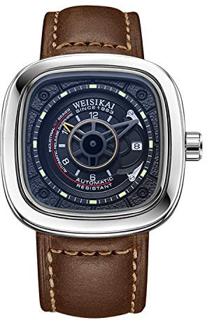 RORIOS Orologio sportivo da uomo alla moda orologio meccanico automatico data calendario luminoso quadrante cinturino in pelle sport orologi da uomo, Marrone nero, Cinghia