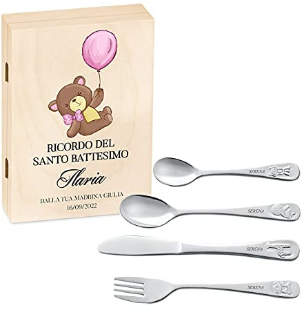 Maverton Set di 4 posate per bambini con incisione + scatola in legno con stampa personalizzata - motivo animali - idea regalo neonata femmina - regalo di Natale - dolcezza
