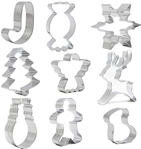 TRIXES Juego de 9 cortadores de galletas navideñas, moldes de repostería navideña, reno, muñeco de nieve, ángel, copos de nieve, hombre de jengibre y medias de Navidad