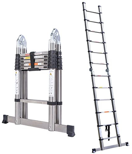 12.4ft (1.9m+1.9m) Extension Ladder Multi-Purpose Folding Ladders Long Ladder Capacity Max Load 150kg/330lb Heavy Duty Stainless Steel for Home DIY Outdoor & Indoor Use