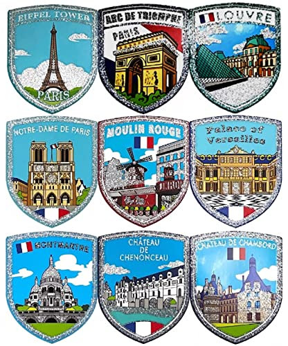 A-ONE French Historical Buldings Spun Silber Geschenketiketten 9 PCs+EU Logo Rucksack Army Badge Patch 1 PC, Frankreich Souvenir-Abziehbilder Aufkleber für Gitarre, Urlaubsreisgeschenk SS3+Nr. 086