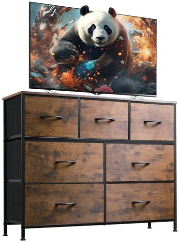WLIVE 7 Drawer Dresser TV Stand, Entertainment Center, Media Console Table with Metal Frame and Wood Top for TV up to 45 inch, Chest of Drawers for Bedroom, Living Room, Rustic Brown Wood Grain Print