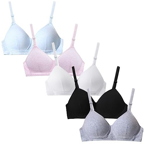Happy Cherry - 3/4/5/6 Pieces Young Girls Underwear Bras Cotton Sports Athletic Bra Wire Free Bralette Light Padded Crop Top No Steel Ring with Adjustable Strap Kid to Teen for 12-18 Years White Blue