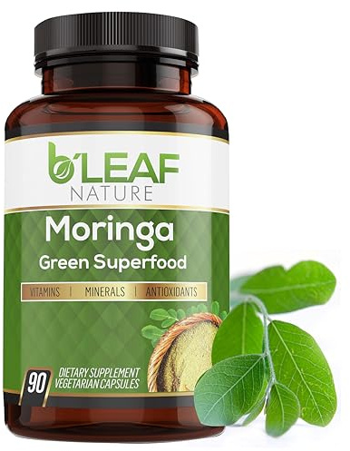 B'Leaf Nature Moringa Capsules Organic 1000mg — Pure Moringa Oleifera Leaf Powder Capsules for Energy & Immune Support | Non-GMO Gluten Free Vegan Superfood | 90 Veggie Capsules