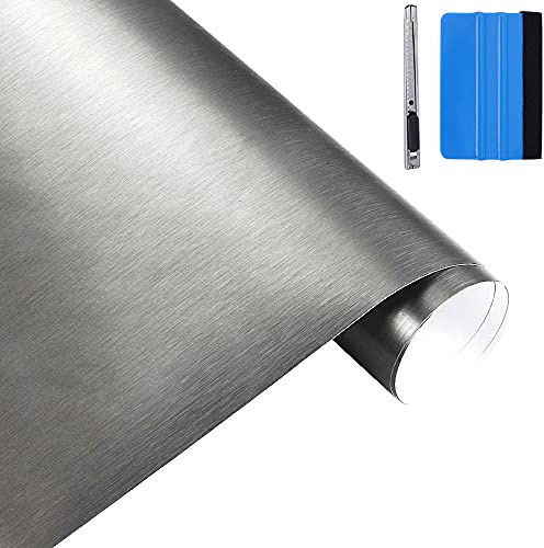NewL Pellicola Vinile Auto Satinata Acciaio Inox Spazzolato Grigio | Finitura satinata spazzolata, 30 x 300 cm, attrezzi inclusi, autoadesiva, canali aria integrati, per auto e moto