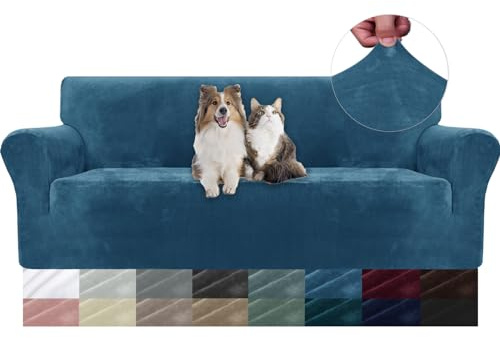 YSTELLAA Copridivano Velluto 3 Posti con Braccioli, Copridivani AntiGraffio Gatto, Fuzzy Copri Divano Elasticizzato Elastico, Universale Sofa Cover Antimacchia Lavabile Antiscivolo, Blu Pavone