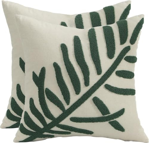 Tosleo 2Pack Throw Pillow Covers Spring Summer Green Leaf Tufted Embroidery 16 x16 In Cushion Cover Cotton Linen Leaves Decorative for Sofa Living Room Bed Couch Car Gift Home Deco 40x40CM