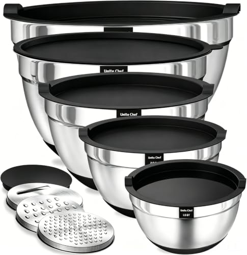 Umite Chef Mixing Bowls with Airtight Lids, 8PCS Stainless Steel Nesting Mixing Bowls Set, 3 Grater Attachments & Non-Slip Bottoms, Black Kitchen Bowls, Size 5, 4, 3.5, 2, 1.5QT for Baking & Serving