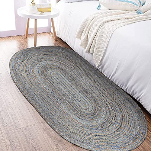 Geflochtener massiver natürlicher Jute-Teppich, Boho-Teppich, indischer Kelim-Teppich, 3 x 2,4 m, mittelgroß, oval, gewebt, Flachgewebe, Dhurrie für Wohnzimmer, Küche, Eingangsbereich, Esszimmer,