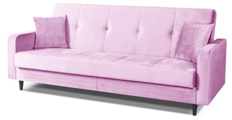 Margaret Hadas24 Sofa Luna 3-Sitzer, skandinavisches Sofa, Schlafsofa, Schlaffunktion, Bettkasten, inklusive Dekokissen, Holzfüße, Stauram, Polstersofa für Wohnzimmer 213 cm moderner Stoff Paris, rosa