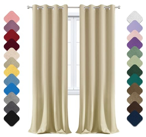Yoosing Rideau Occultant Thermique à Oeillets 200x220cm - Isolant Phonique, Opaque pour Chambre Bebe, Salon, Balcon - Beige