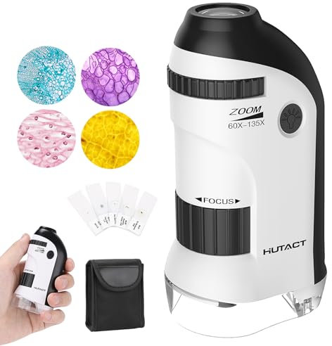 HUTACT Mini Microscope for Kids, 60X-135X Pocket Miniscope with 5 Prepared Slides with Specimens, Portable Handheld Microscope for Children Students