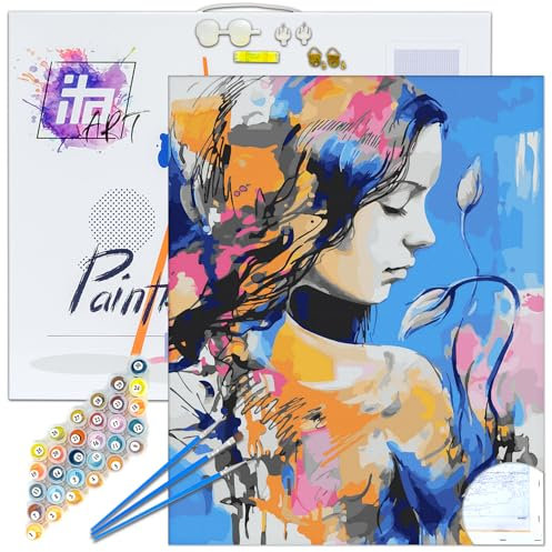 ITA Art Malen nach Zahlen Komplett Set mit Keilrahmen, Acrylfarben, Pinseln, Zubehör, Geschenkbox - DIY Gemälde Bastelset Kit mit Leinwand für Erwachsene, 40x50 cm, Das Mädchen mit den Blumen