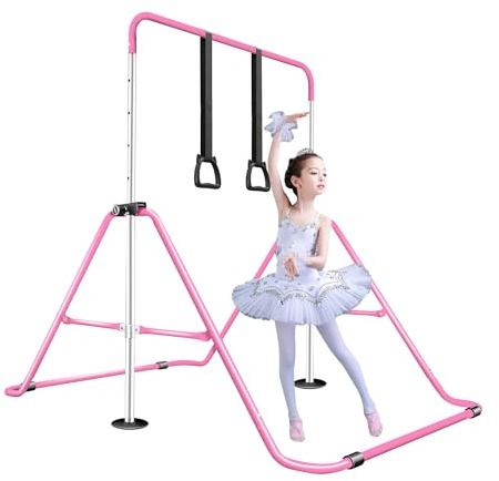 BPB Gymnastics Bars, Folding Horizontal Bar Gymnastics Training Equipment, Junior Training Kip Bar Adjustable Height with Gymnastic Rings for Kids Expandable Gymnastics Training Bar