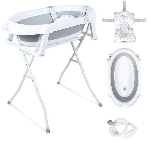 Ansobea Bañera Plegable para Bebés Con Estructura y Soporte Antideslizante, Alfombrilla de Baño e Inserto para Recién Nacidos - Color Gris