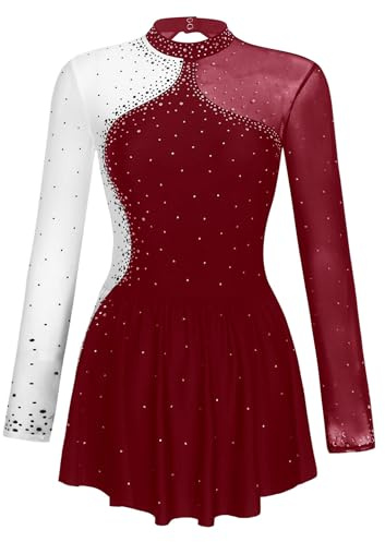 Aiihoo Damen Eiskunstlauf Kleid Langarm Glitzer Tanzkleid Ballettkleid mit Strass Ballett Rock Tanz Kostüm Ballettkleidung Burgundy S