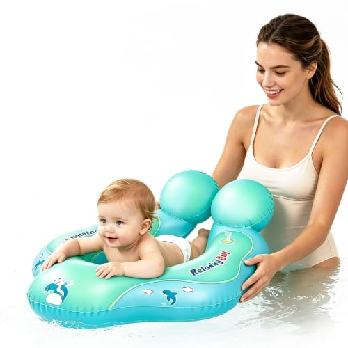 Azul Flotador Bebe con Asiento Seguridad y Respaldo de 8 a 24 Meses,Flotador Inflable para Bebé Anillo Natación de Entrenamiento,Piscina para Bebés,con Bola de Equilibrio para Evitar Vuelcos