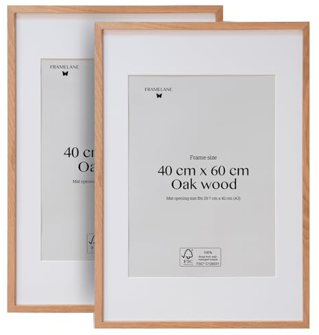 Framelane Bilderrahmen aus Eichenholz, 2er-Set, 40 x 60 cm, Eiche Natur | 2er-Set, 50x70, Natur, FSC-Eiche, Gehärtetes Glas, Passepartout, Wand und Tisch