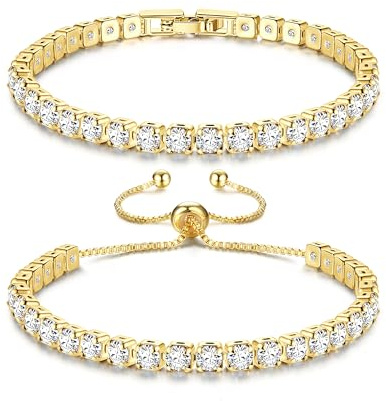 Krfy Armbänder Set für Damen - Gold, Silber Tennis Armband - Kristall Schmuck Verstellbar für Frauen Mädchen