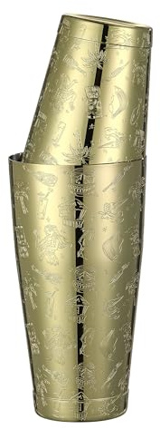Shaker Boston ponderato per cocktail inciso con immagini Tiki (grafica Tiki dorata)