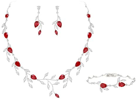 EVER FAITH Hochzeit Schmuck für Braut Damen Brautjungfer, Zirkonia birnenförmig Geburtsstein Blatt Halskette Armband Ohrringe Set für Prom