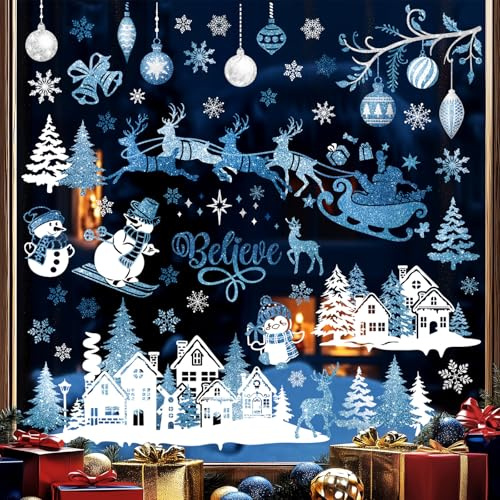 wondever Fenstersticker Weihnachten Selbstklebend Weiß Fenster Aufkleber Schneeflocken Blau Wiederverwendbar Fensterbilder Fensteraufkleber Anti-Kollision Doppelseitig Glasaufkleber Weihnachten Deko