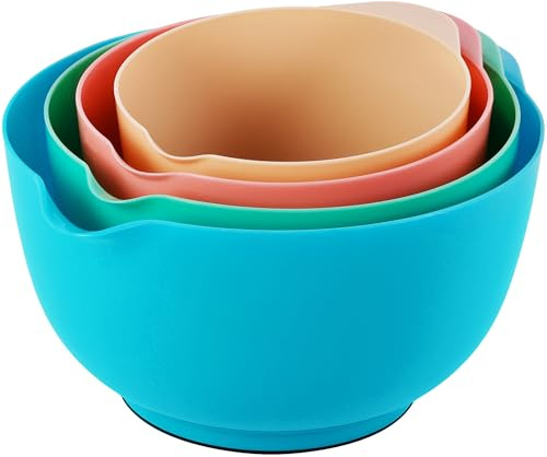 BoxedHome 4-teiliges Rührschüssel Set aus BPA-freiem Kunststoff, Rosa-Cyan Gemischt - mit Ausgießer, rutschfestem Boden und Griff, stapelbar, spülmaschinen- und mikrowellengeeignet, ideal für Backen