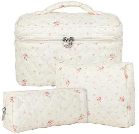 3pcs Reise Kosmetiktasche Set Damen, Baumwolle Kulturbeutel Set Gesteppte Kulturtasche Mit Blumenmuster, Make Up Bag Aesthetic Schminktasche Cosmetic Bag für Kinder