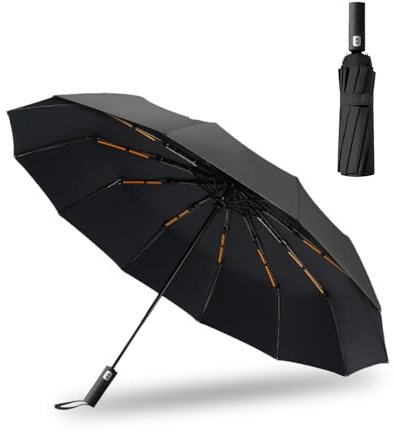 Lorrtta Umbrellas 12 Ribs One Button Auto Open Close Wooden Handle,Black Umbrella Lightweight Portable for Men Women Folding Automatic For Rain