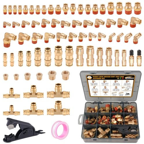 CheeMuii 76 Pcs Brass DOT Air Line Fittings Kit Push Lock Air Fittings Push to Connect Fittings NPT Thread & Quick Connect Air Hose Fittings for DOT Air Line Air Hose Pneumatic Tubing