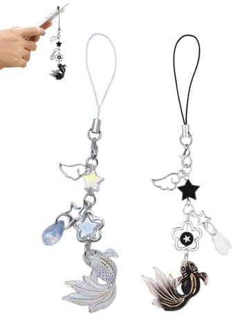 KGDUYC 2 Stück Koi Goldfisch Stern Handy Kette, Glücklich Ästhetische Y2K Handy Anhänger, Niedlich Handy Lanyard Handy Tasche, Schlüsselanhänger, Kamera Anhänger (Weiß und Schwarz)
