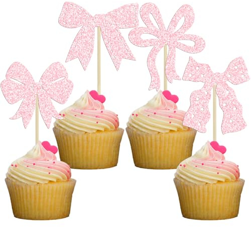 Ephlyn 24Pcs Light Pink Bow Cupcake Toppers Bow Birthday Cake Topper Girls Birthday Party Decorations Bowknot Cupcake Decorations for Bridal Baby Shower Birthday Wedding Themed Party