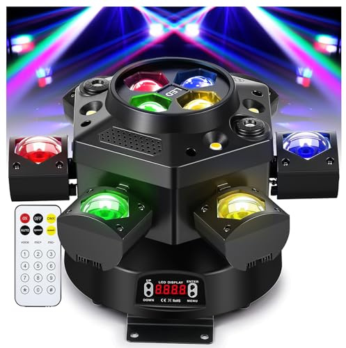 Spolehli 150W RGBW Moving Head Light, 6-Arm Bee-Eye DJ Stage Light | Sound-activated & DMX512 control. 4-in-1 beam, strobe, bee-eye, starry effects. 540° rotation. For DJ, clubs, weddings.etc