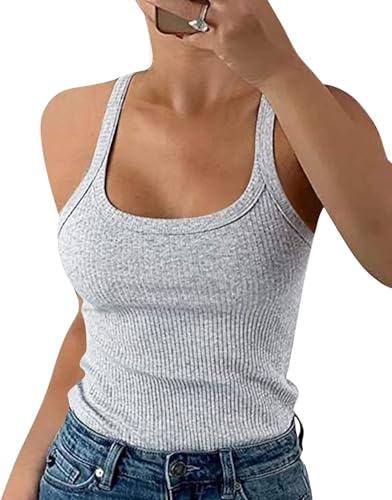DUOEASE Top Femme Ete Basique Spaghetti 2025 Debardeur Femme Décontracté sans Manches Haut Femme Grisfleuri-S