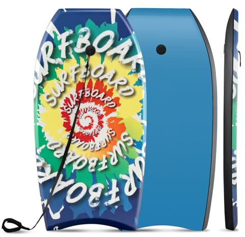 GYMAX Leichtes Bodyboard, Surfbrett mit EPS-Kern, XPE-Deck, HDPE-Unterseite, Halbmond-Heck & Handgelenksleine, Surfboard für Surfen, Schwimmbrett für Kinder & Erwachsene