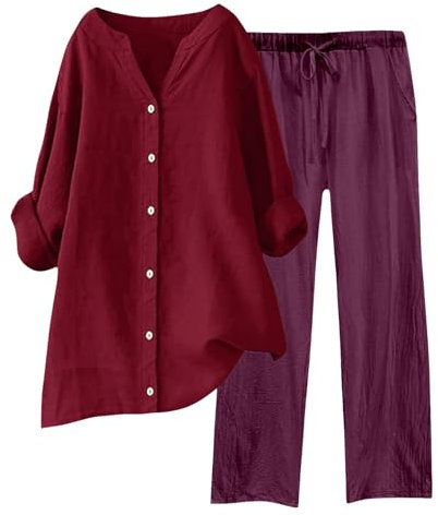 Mashaouyo Leinen-Sets für Damen, 2-teilig, Sommer-Tops für Damen, britisches Leinenhemd, Langarm-Shirt, Tops, lockere Passform, Trainingsanzüge, Lounge-Sets, Damenbluse, Damen-Oberteile, Übergröße,