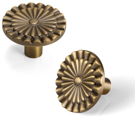 Yagman Brushed Antique Brass Cabinet Knobs 6 Pack Kitchen Vintage Round Sunflower Dresser Drawer Hardware Furniture Cupboard Handles for Bathroom Single Hole Knob SH-AB-K6