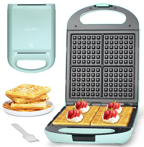 Baker’s Friend Belgian Waffle Maker, Square Waffle Iron, Waflera Electrica, Non Stick Cooking Plate, Classic & Multi Waffle Makers, 4-Slice, Aqua