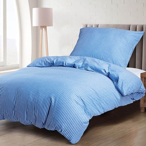 KACEMOO Bettwäsche 135x200, 100% Baumwolle, Bettwäsche-Sets Oeko-TEX Bedding mit Reißverschluss Bettbezüge Atmungsaktiv & kuschelig, Bettbezug 135x200 + Kissenbezug 80x80, Blau Streifen 120 g/m²