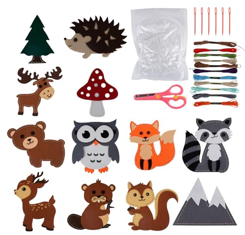 12 Stück Nähset Kinder, Filz Waldtiere Bastelset, Bastelset Kinder ab 6 Jahre DIY Filzen Starterset mit Filztiere & Zubehör, Animals Sewing Kit, Nähen Spielzeug Geschenke für Jungen und Mädchen
