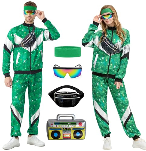 Ezuwail Abbigliamento anni '80 anni '90, unisex, costume retrò anni '80s '90s, tuta da jogging, tuta da discoteca, abbigliamento sportivo, costume di carnevale per feste a tema (verde)