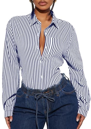 Navneet Women Blouses Button Down Long Sleeve Shirts Striped Going Out Tops Oversized Shirts Office Wear Work Blue XL