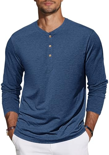TARAINYA Henley T-shirt en coton pour homme à manches longues/courtes avec 3 boutonnières, M à 4XL, C bleu foncé., M