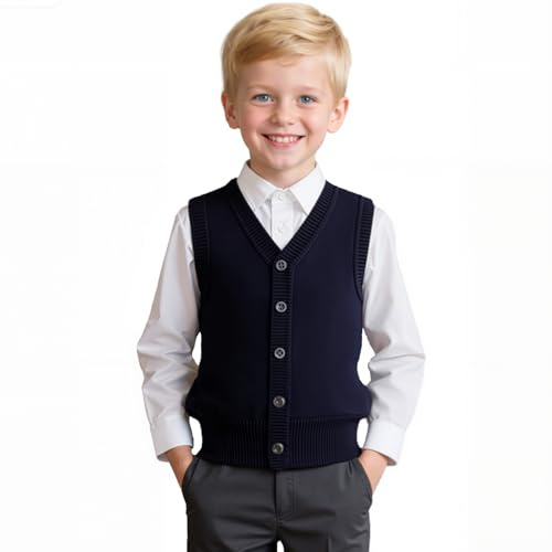 Yanmucy Gilet en tricot pour garçons et filles, Col V, sans manches, tricots, pull, uniforme scolaire, chemise assortie, pull, cardigan pour enfants âgés de 5 à 14 ans, bleu marine, 5-6 ans